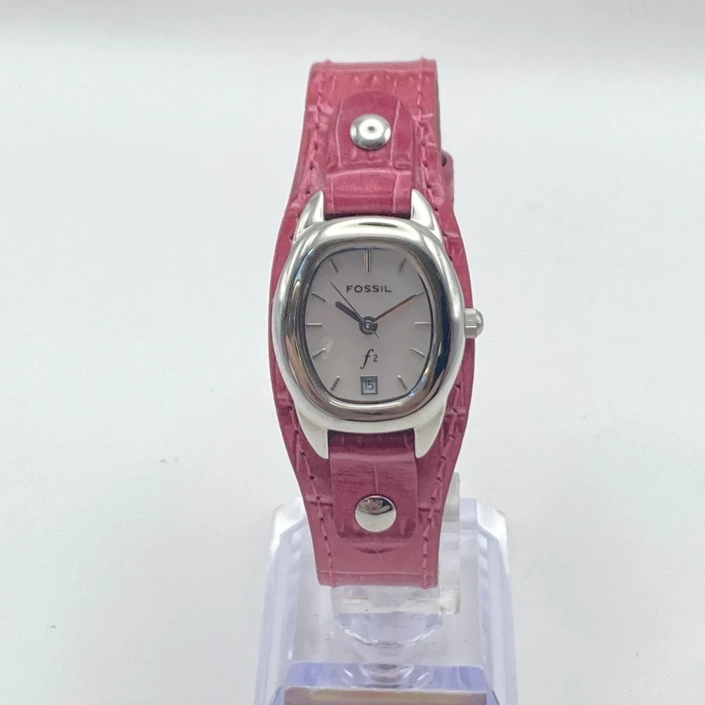 Fossil F2 Women's Watch 23mm Silver Tone Date Pink Leather Cuff MOP New Battery